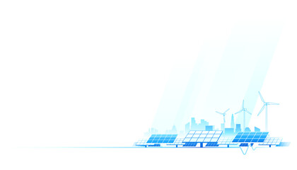 Clean energy from solar plants and renewable sources with cityscape background. Ecology concept