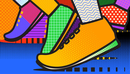 Runner athlete feet in marathon running race. Sport background with pop art design