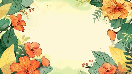 hibiscus summer flower in garden cute cartoonish page print border design, with blank empty space for mock up message background