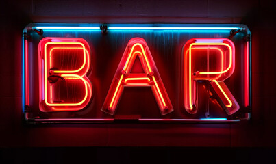Illuminated neon "BAR" sign glows in vivid red and blue, casting a lively ambiance on a dark wall