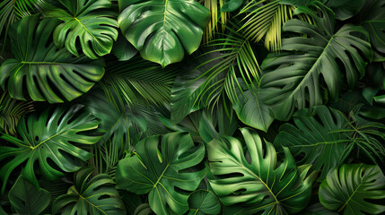 Lush tropical escape: A dense collage of vibrant green leaves offers a serene and natural background