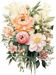 Bright and bold wedding bouquet in watercolor, vibrant greens and soft pastels conveying the depth and elegance of a floral arrangement ,  watercolor painting