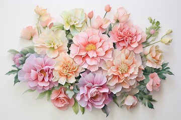 Carnation wedding bouquet in watercolor, vibrant greens and soft pastels conveying depth and a fresh, airy quality ,  against pur white background