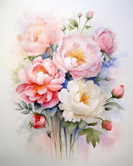 Graceful watercolor of mixed peonies and roses, pastel tones against white, emphasizing a tranquil and joyful atmosphere ,  fresh and clean look