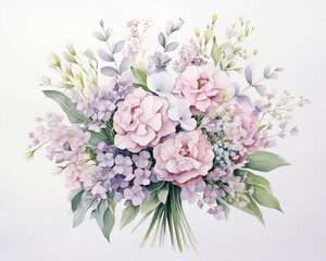 Pastel Babys Breath bouquet in watercolor, exuding charm and grace, set against a clean white backdrop for striking contrast ,  against pur white background