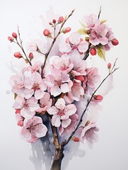 Pastel cherry blossom bouquet in watercolor, exuding charm and grace, set against a clean white backdrop for striking contrast ,  high-detail texture