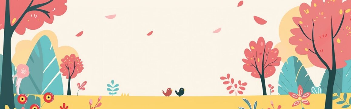 autumn foliage forest outdoor park background,  cartoonish minimal banner print design, with blank empty space for mock up message background