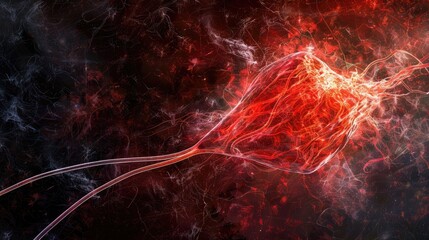 Conceptual digital artwork depicting a complex neural network in vivid red and dark tones.