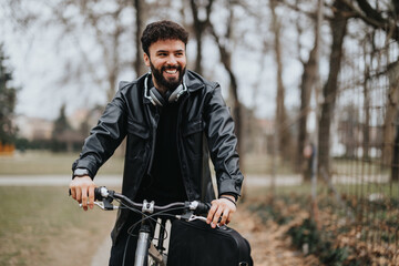 Fototapeta premium Cheerful stylish businessman with headphones cycling in an urban park, blending active lifestyle with remote working.