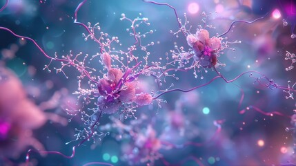 Surreal and artistic representation of microbial lifeforms floating in a vibrant purple environment.