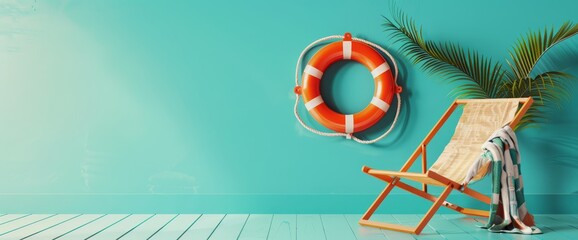 Summer background banner with life ring and deck chair.