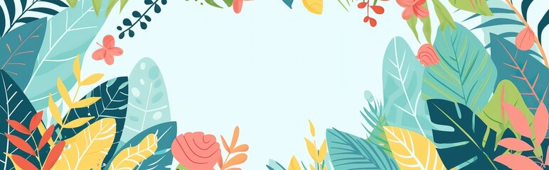Obraz premium happy tropical green shrub garden cartoonish minimal banner print design, with blank empty space for mock up message background 