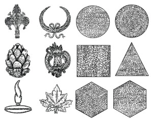 Set of vintage style floral circular cast stone and ornate ceilings design elements. Low poly geometry shape star crystals for Christmas and other decorative drawings. Vector.