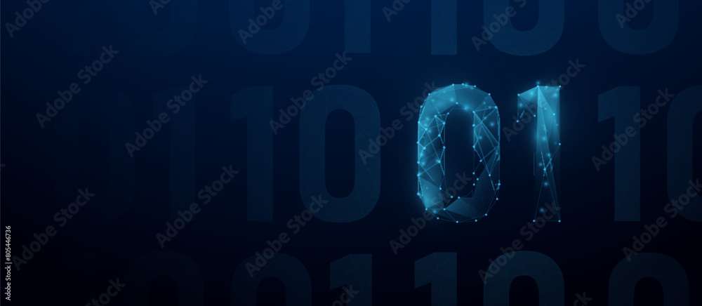 Aufkleber Blue digital binary code background. Low polygonal, wireframe, linear and mesh illustration