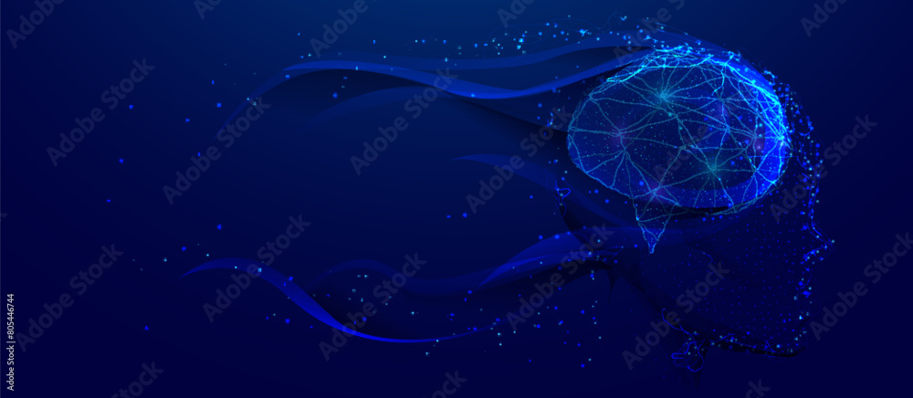 Poster Ai artificial intelligence. Humanoid robot. Futuristic technology. Low polygonal, wireframe, linear and mesh illustration