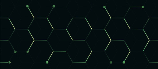Abstract green molecule or atom background. Abstract molecule structure. Futuristic digital hi-technology horizontal banner. Vector illustration