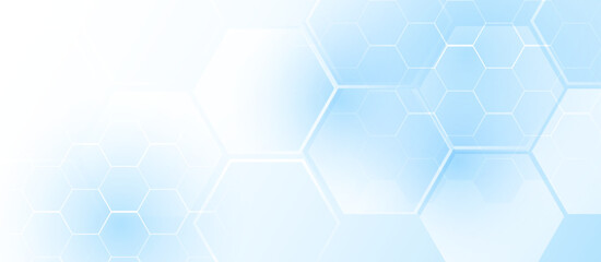Abstract blue and white hexagon background. Futuristic digital hi-technology horizontal banner. Healthcare background. Vector