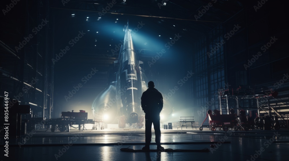 Poster a silhouette of an aerospace engineer examining a spacecraft in a hangar, preparing it for launch.