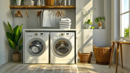 Cozy laundry room with modern washing machines, sunlight. Clean interior design. Home organization and decoration. AI