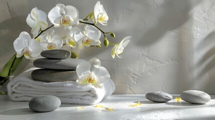 Sunlit spa tranquility with white orchids and balanced stones on a towel, evoking a serene and pure atmosphere
