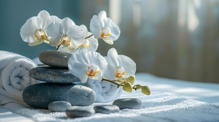 Serenity and wellness in a tranquil spa setting with smooth stones, fresh towels, and orchids...