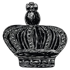 High detailed etching drawing of crown with jewels. King coronation coronet. Hand drawn vector illustration.