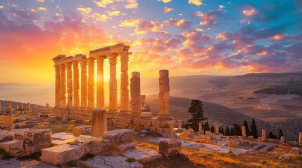Naklejka premium ancient columns of the ancient buildings of a Roman metropolis at sunset in high resolution