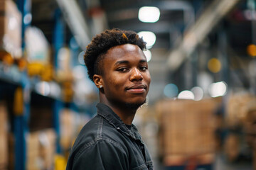 Fototapeta premium Portrait of a young black worker in factory, industrial dedication, factory worker.