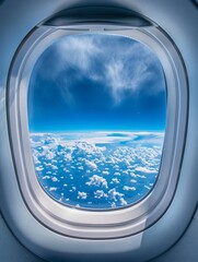 Fototapeta premium Airplane window. Beautiful view of sky and clouds through the aircraft window. Concept of travel and air transportation