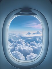 Airplane window. Beautiful view of sky and clouds through the aircraft window. Concept of travel and air transportation