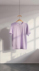 A soft lavender t-shirt suspended from a bamboo hanger, set in a starkly white room. The natural and eco-friendly vibe of the materials is front 