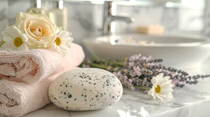 Elegant and refreshing bathroom setup with pumice stone, soft towels, and flowers for a luxurious...