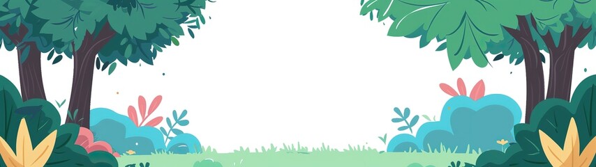 Obraz premium summer woodland tree and flower blossom cartoonish minimal banner print design, with blank empty space for mock up message background 
