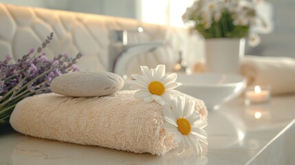 Elegant spa setting with fluffy towel, daisies, and lavender creating a peaceful and rejuvenating bathroom atmosphere