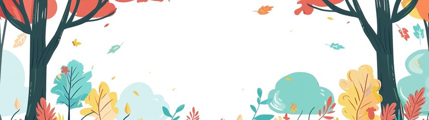 autumn foliage forest outdoor park background,  cartoonish minimal banner print design, with blank empty space for mock up message background