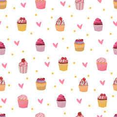 Strawberry cupcakes seamless pattern background.
