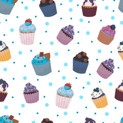 Blueberry cupcakes seamless pattern background.
