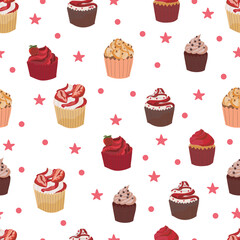 Strawberry cupcakes seamless pattern background.
