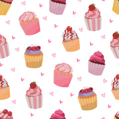 Strawberry cupcakes seamless pattern background.
