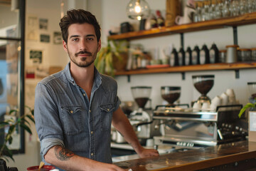 Portrait of handsome young male coffee shop owner standing behind counter