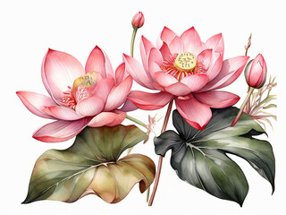 watercolor botanical illustration tropical flowers pink oriental lotus exotic floral arrangement, wild jungle nature paradise flora palm leaves clip art isolated on white background