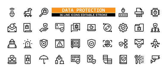 36 Data Protection Line Icons Set Pack Editable Stroke Vector Illustration.