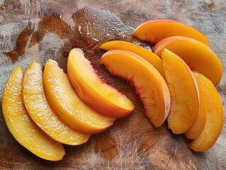 Sliced ​​peaches on a kitchen wooden board. Peaches slices