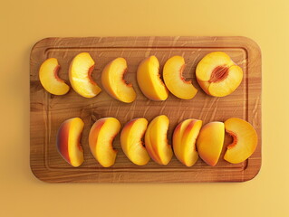 Sliced ​​peaches on a kitchen wooden board. Peaches slices