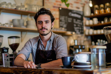 Fototapeta premium Portrait of handsome young male coffee shop owner standing behind counter