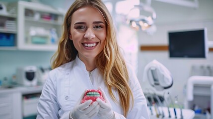 portrait of a beautiful Caucasian female dentist, 25 years old, holding a model of dentures in her...