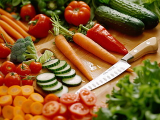 chef cuts vegetables in the kitchen for cooking. Healthy food.