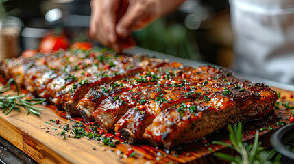 The chef presents a perfectly seared piece of meat in the kitchen on a wooden cutting board,...