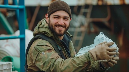 Smiling Young Man in Winter Gear Volunteering for Environmental Cleanup. Generative ai