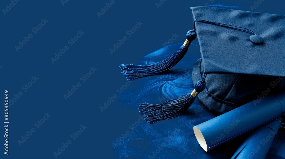 Wall mural Sophisticated blue graduation cap and diploma setup, representing educational success and commencement milestones - Wall murals